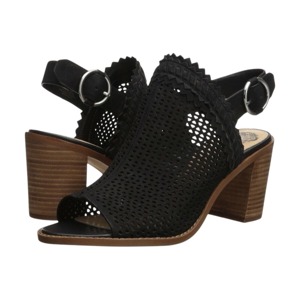 VINCE CAMUTO Women’s Black Tricinda Laser Cut Slingback Block Heel Sandals Sz 8